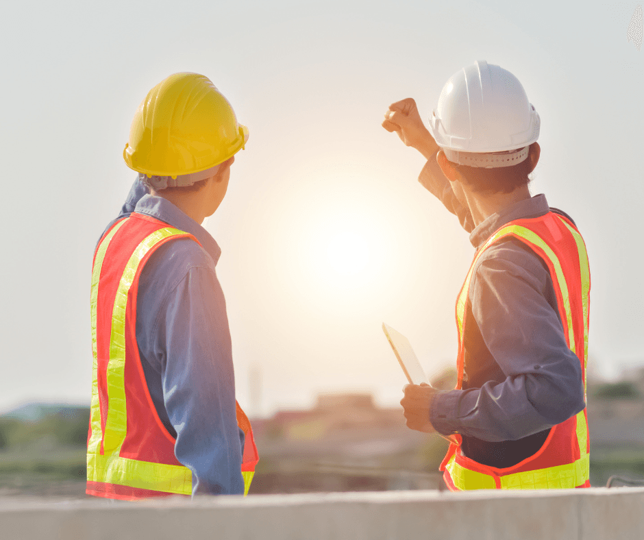 Two construction workers in reflective safety vests — one wearing a yellow hard hat, one wearing a white hard hat — face each other at a job site, one gesturing while the other holds a tablet.