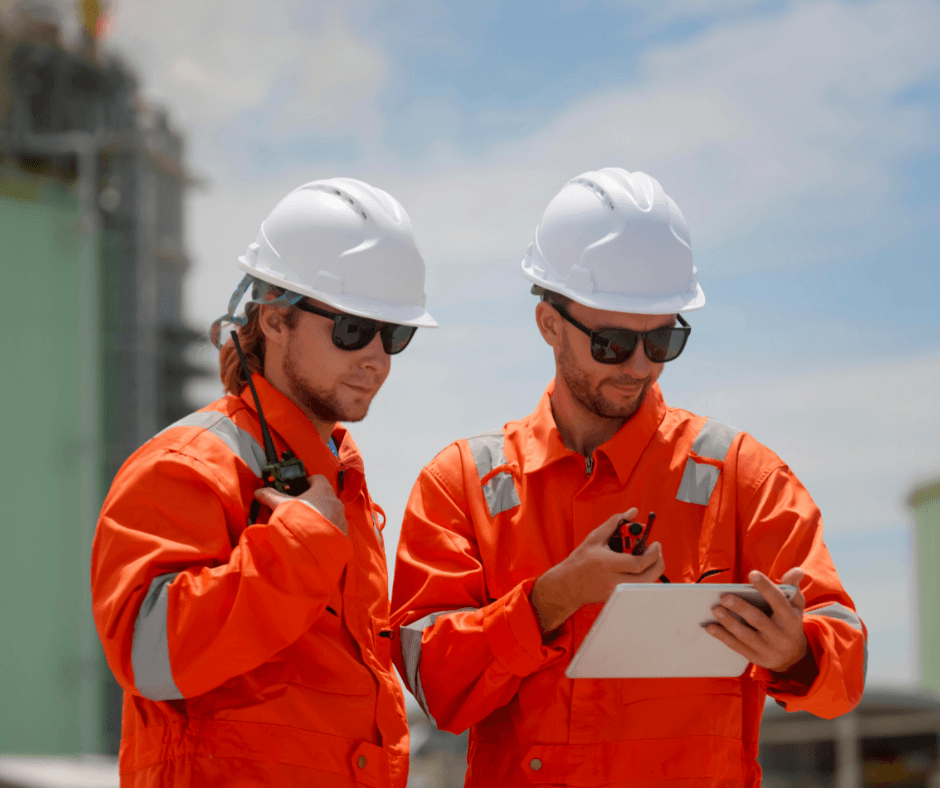 Two male workers in orange high-visibility coveralls, white hard hats, and sunglasses review information on a tablet at an industrial facility.