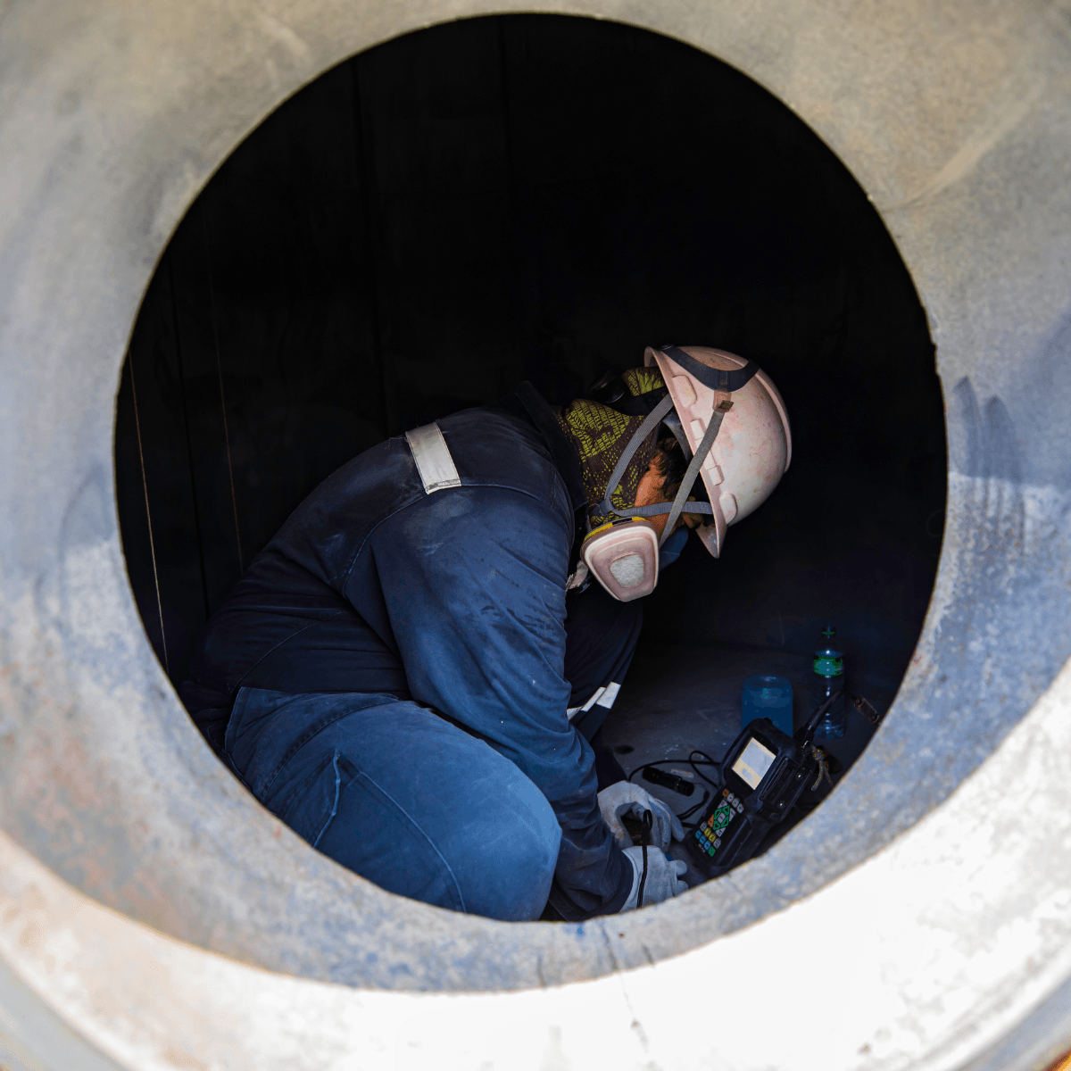 A worker in a respirator and hard hat crouches inside a large industrial pipe or confined space with monitoring equipment.