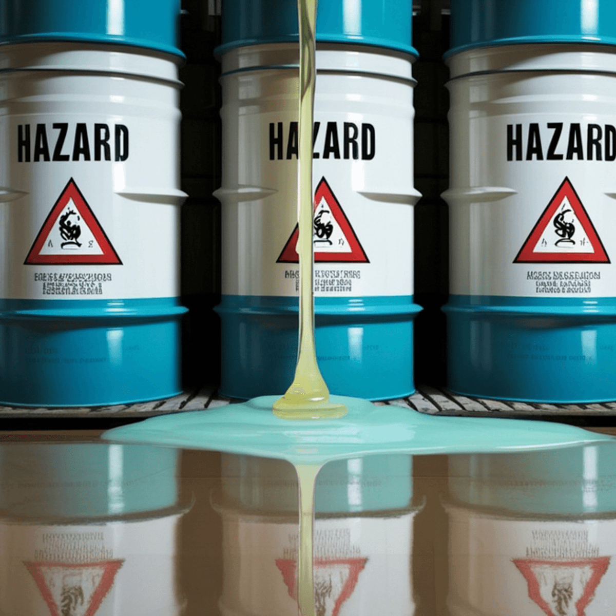 Three industrial drums labelled "Hazard" with a liquid leaking and pooling on the floor in front of them.