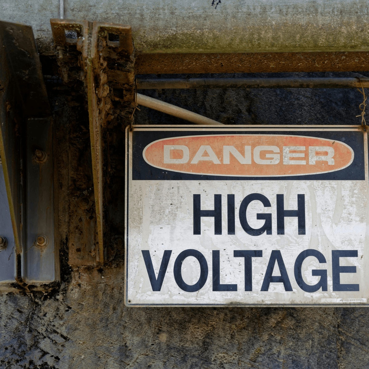 A weathered "Danger High Voltage" sign mounted on a rusted metal structure against a concrete wall.
